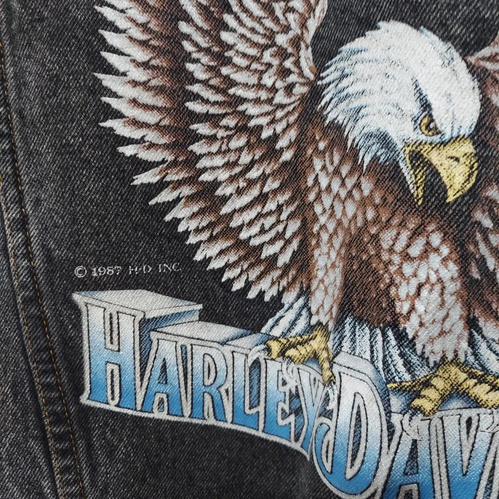 Vintage 80s USA Harley Davidson Eagle Black Denim Biker Jacket Mens Medium‎